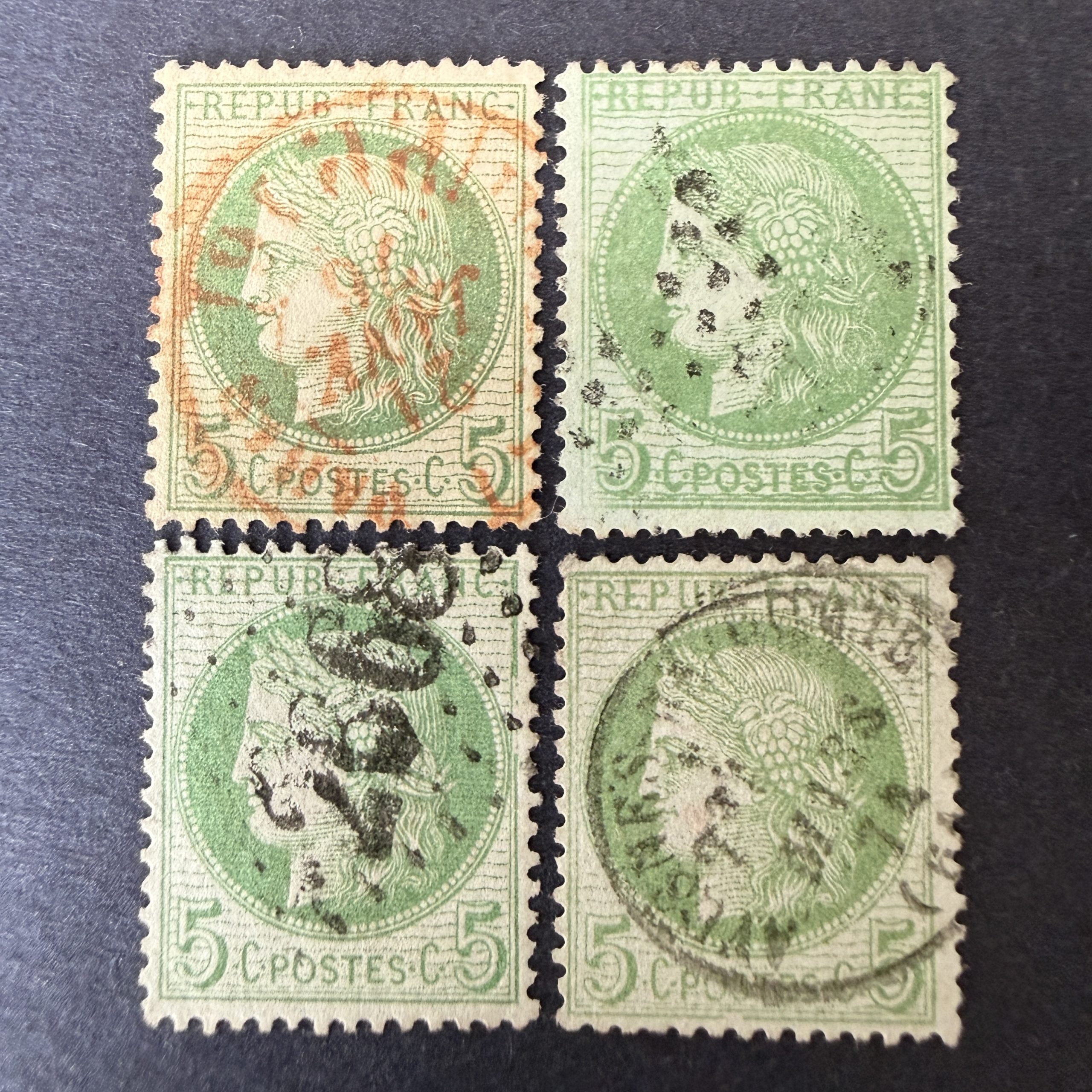 Y&T 53, "Cérès 5c vert" 4 timbres avec variété ou oblitérations rares - TB