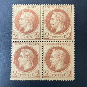 Y&T 26B, "Napoléon 2c lauré" en bloc de 4 en neufs * (1 timbre **) - B/TB signé Scheller