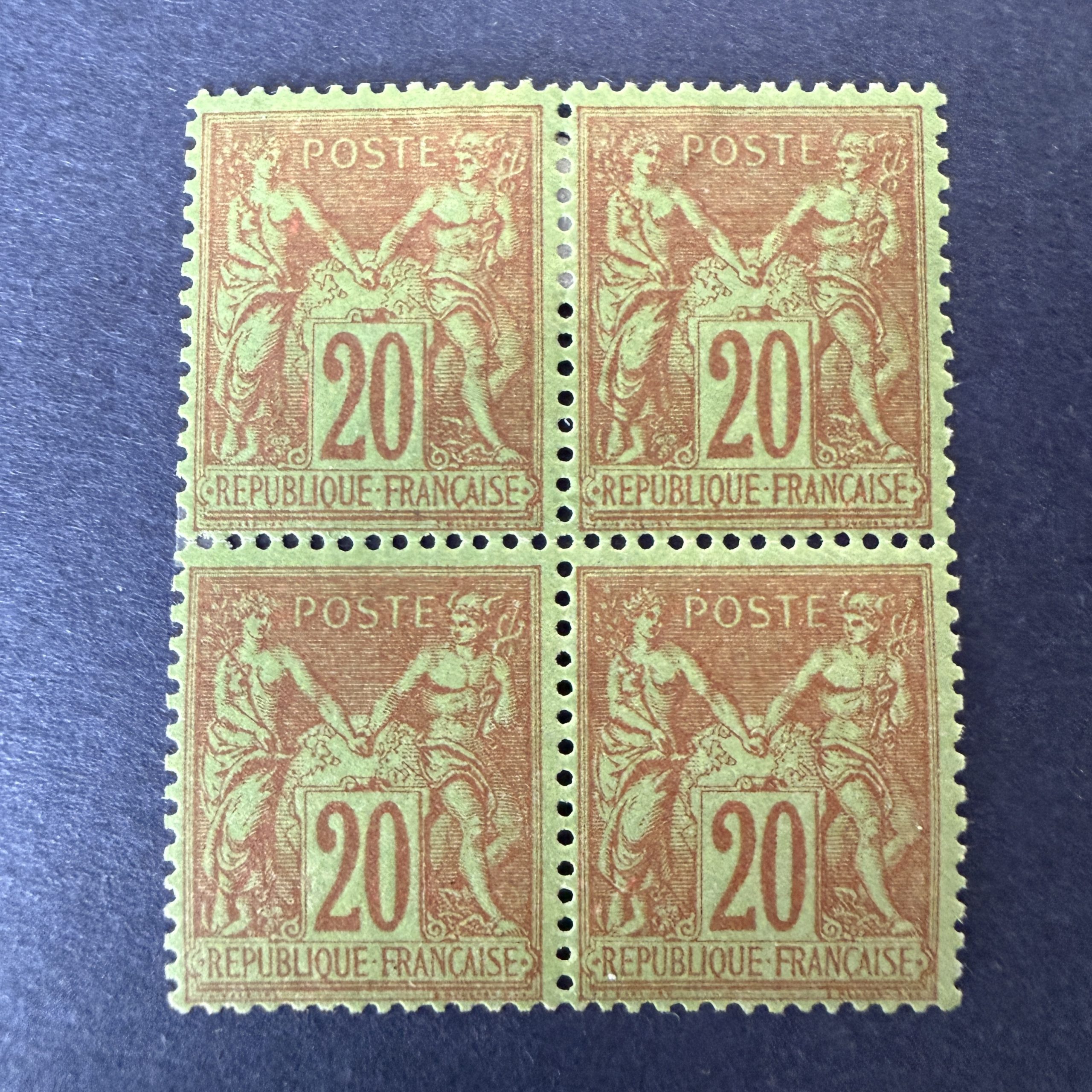 Y&T 96, "Sage 20c brique sur vert" bloc de 4 en neufs ** (2 ex neufs *) - TB