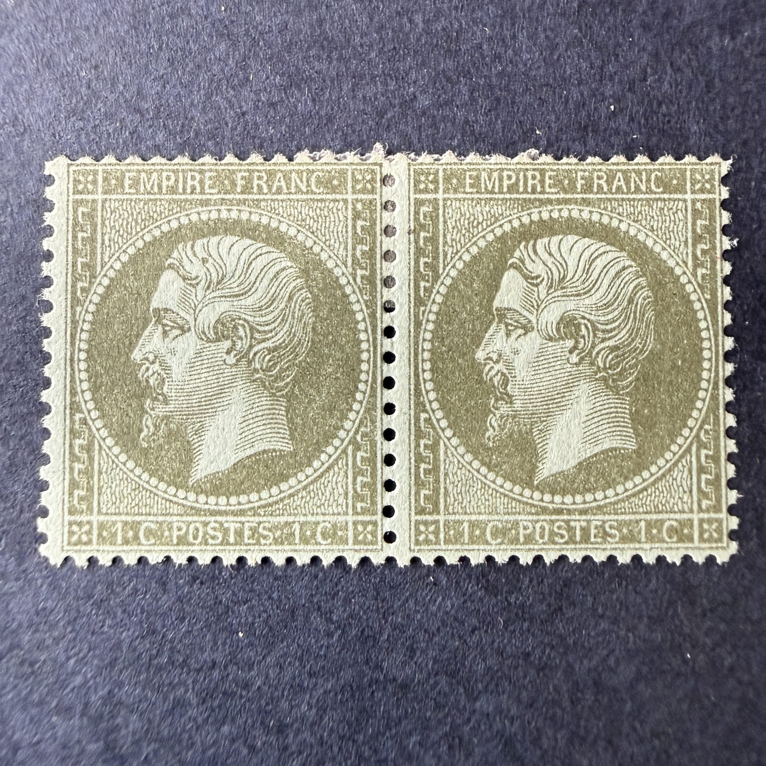 Y&T 19, "Napoléon 1c olive" en paire en neufs * avec charnière. TB.