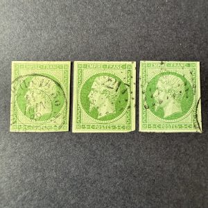 Y&T 12, "Napoléon 5c vert" 3 nuances dont foncé en oblitérés. TB.
