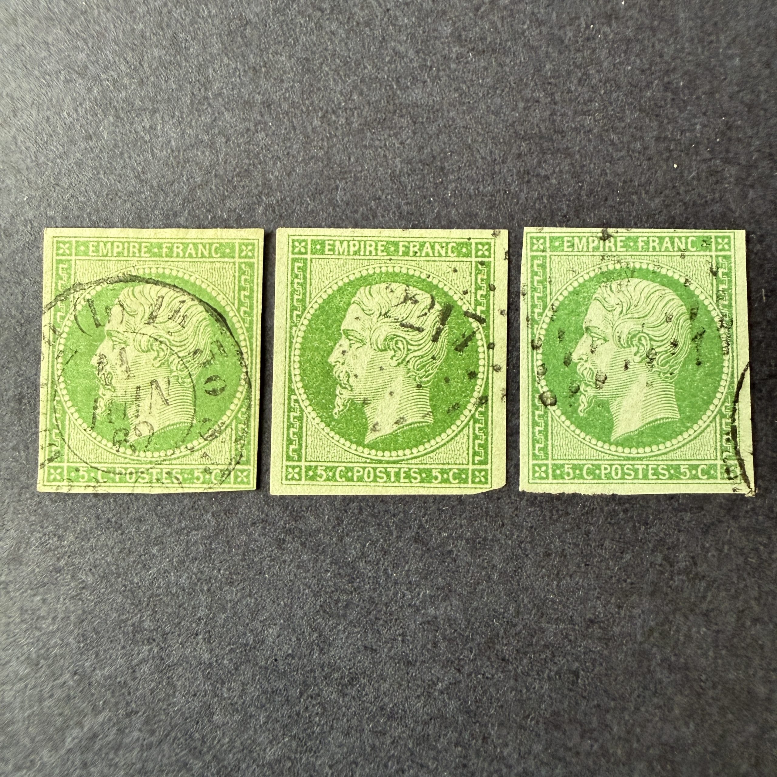 Y&T 12, "Napoléon 5c vert" 3 nuances dont foncé en oblitérés. TB.