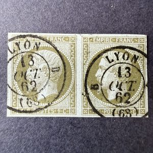 Y&T 11, "Napoléon 1c olive" en paire en oblitéré. Superbe.
