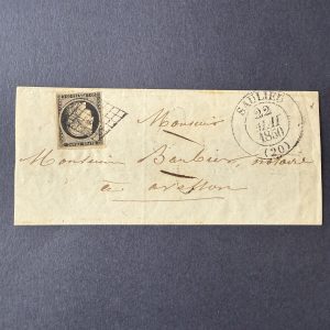 Y&T 3, "Cérès 20c noir" en oblitéré sur lettre avec cachet type 13. Superbe.