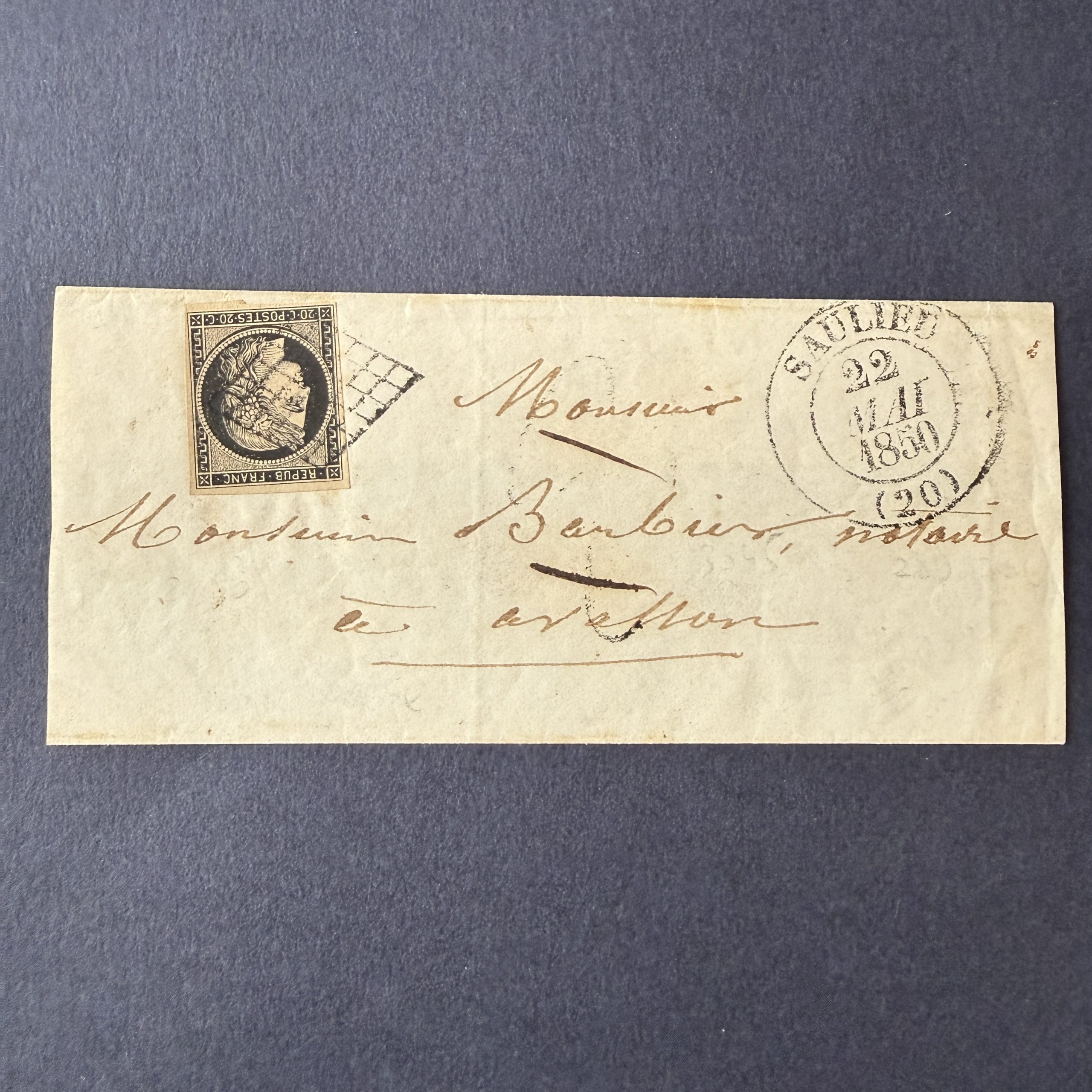 Y&T 3, "Cérès 20c noir" en oblitéré sur lettre avec cachet type 13. Superbe.