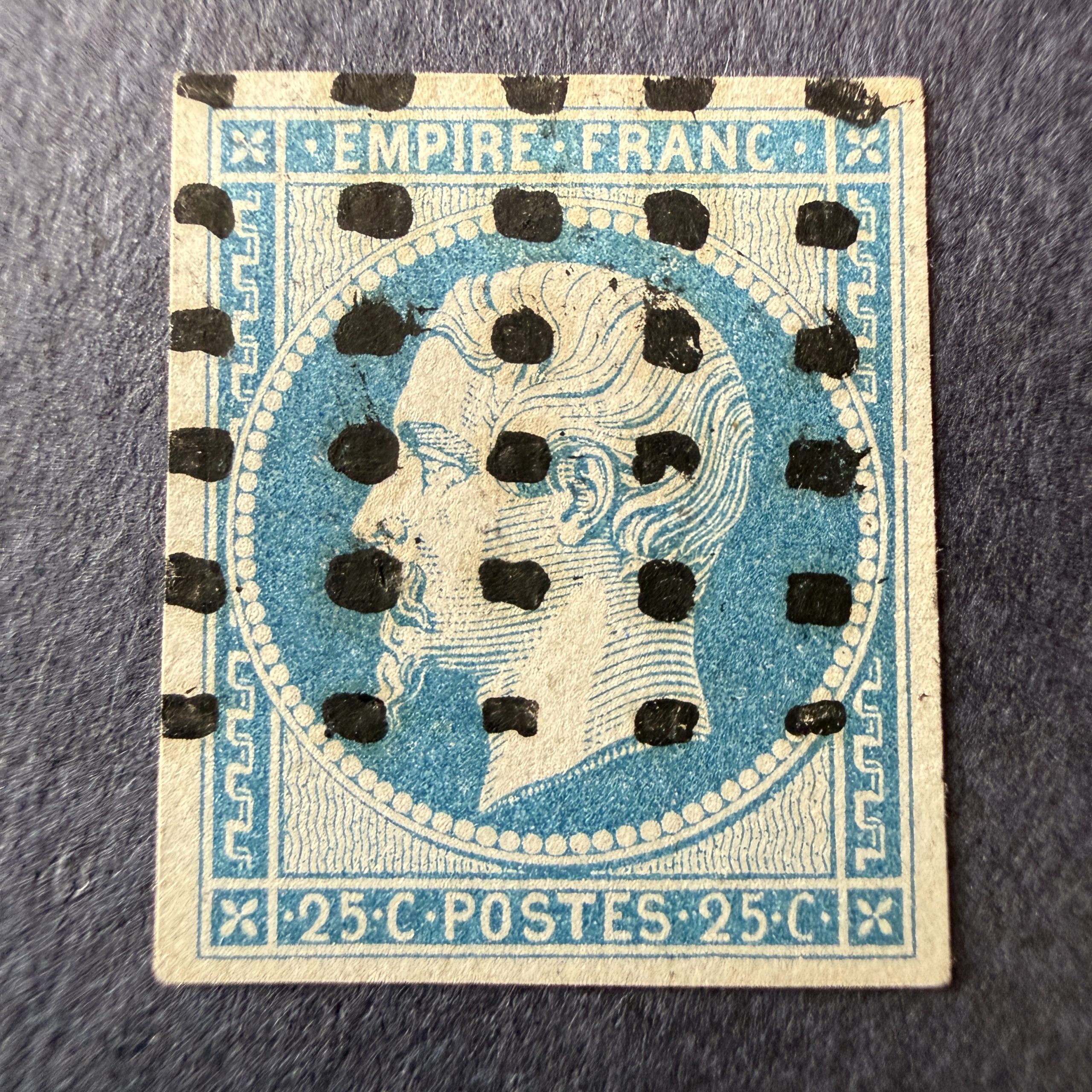 Y&T 15, "Napoléon 25c bleu" en oblitéré gros points. Signé Brun. Superbe.
