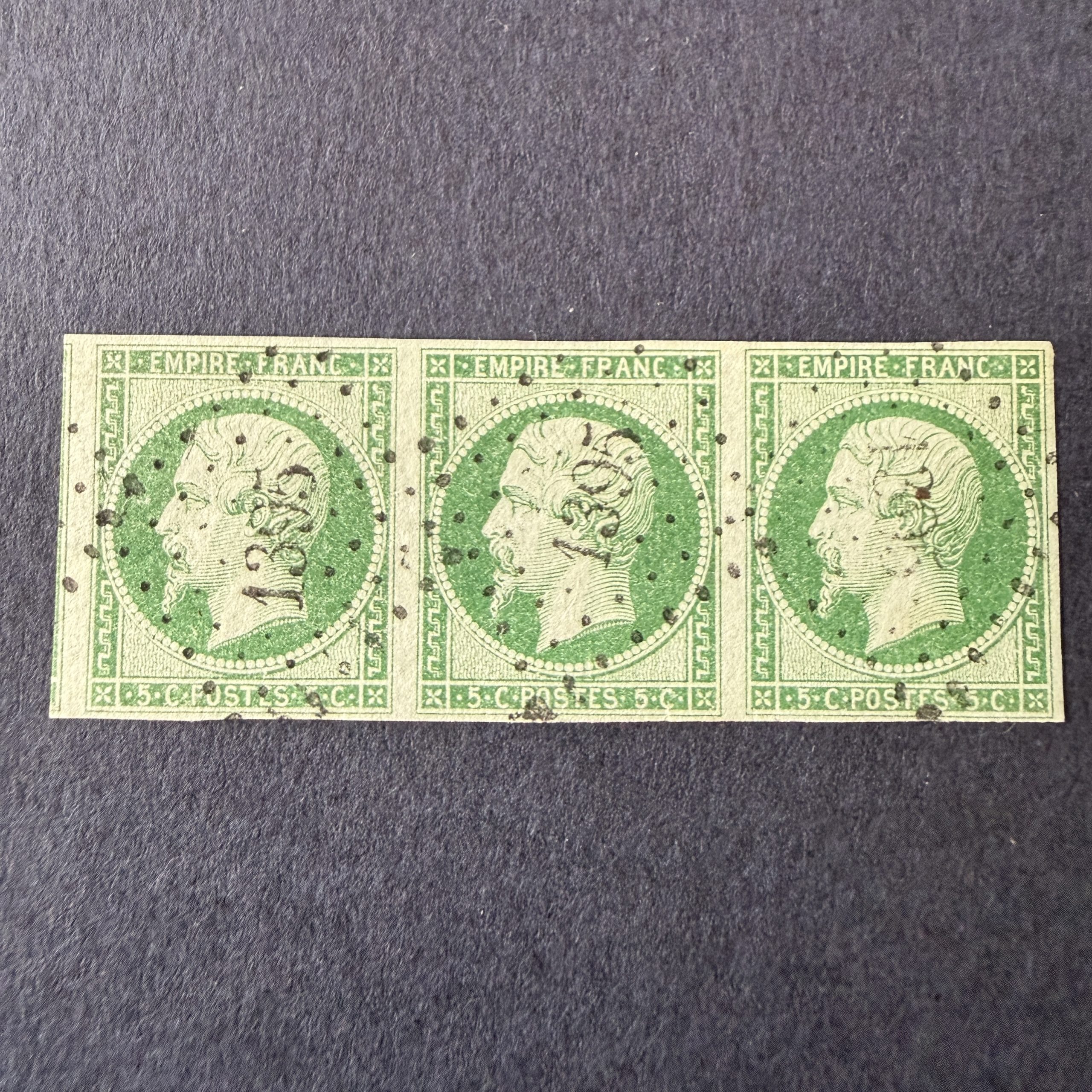 Y&T 12b, "Napoléon 5c vert foncé" bande de 3 en oblitérés. Superbe.