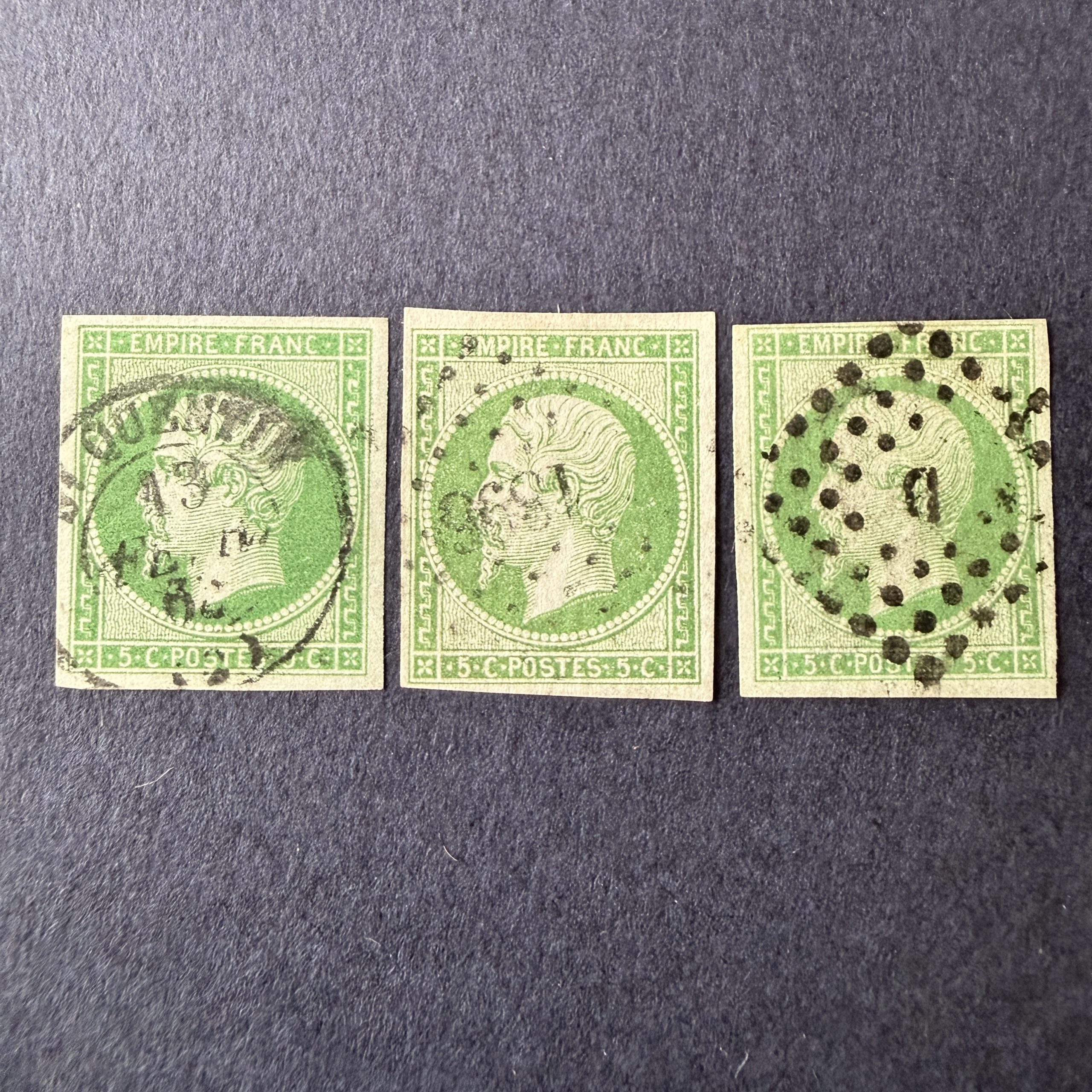 Y&T 12, "Napoléon 5c vert" 3 nuances en oblitérés. B/TB.