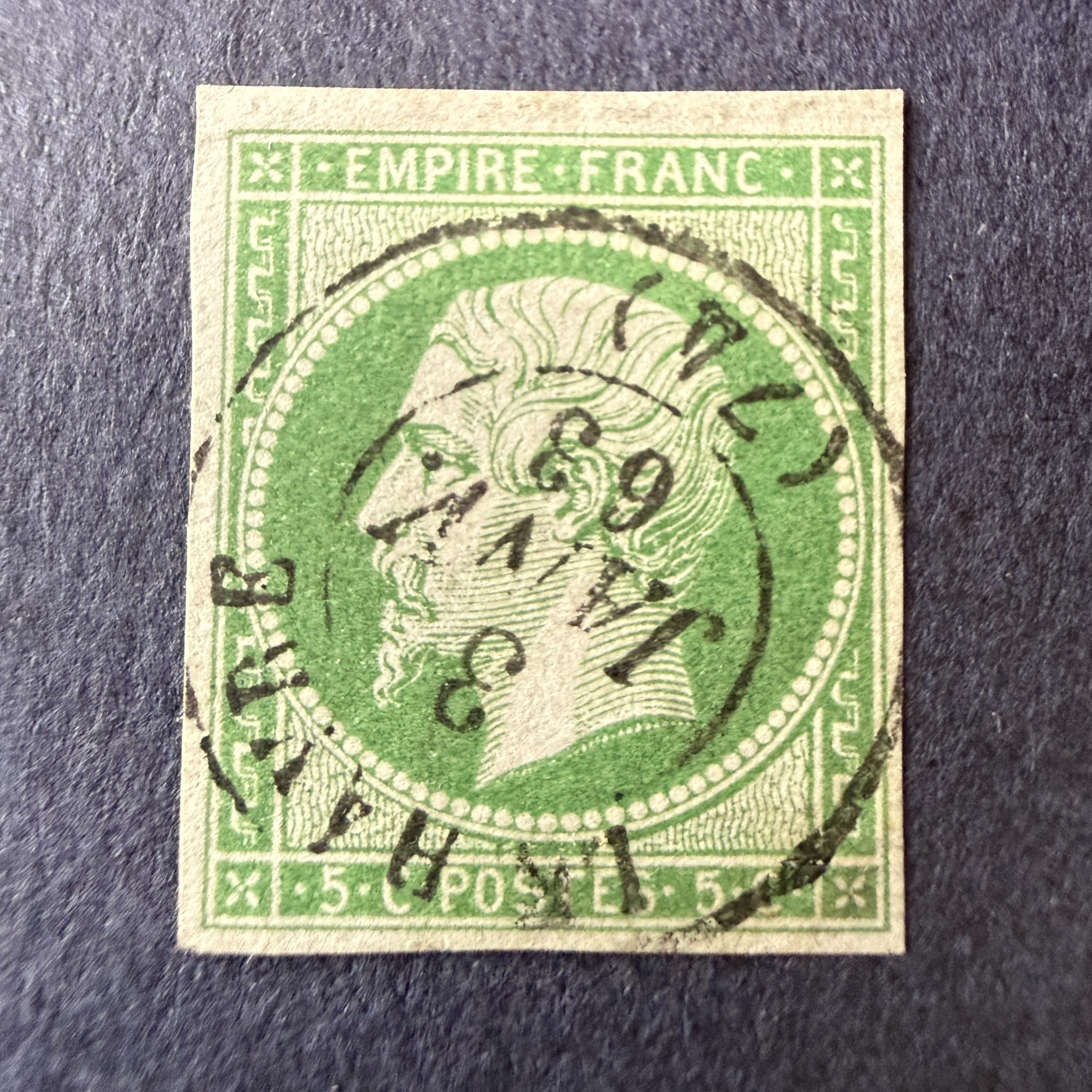 Y&T 12, "Napoléon 5c vert" en oblitéré cachet à date. Signé Calves. TB.