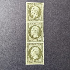 Y&T 11, "Napoléon 1c olive" bande de 3 en oblitéré. Signé Baudot. Superbe.