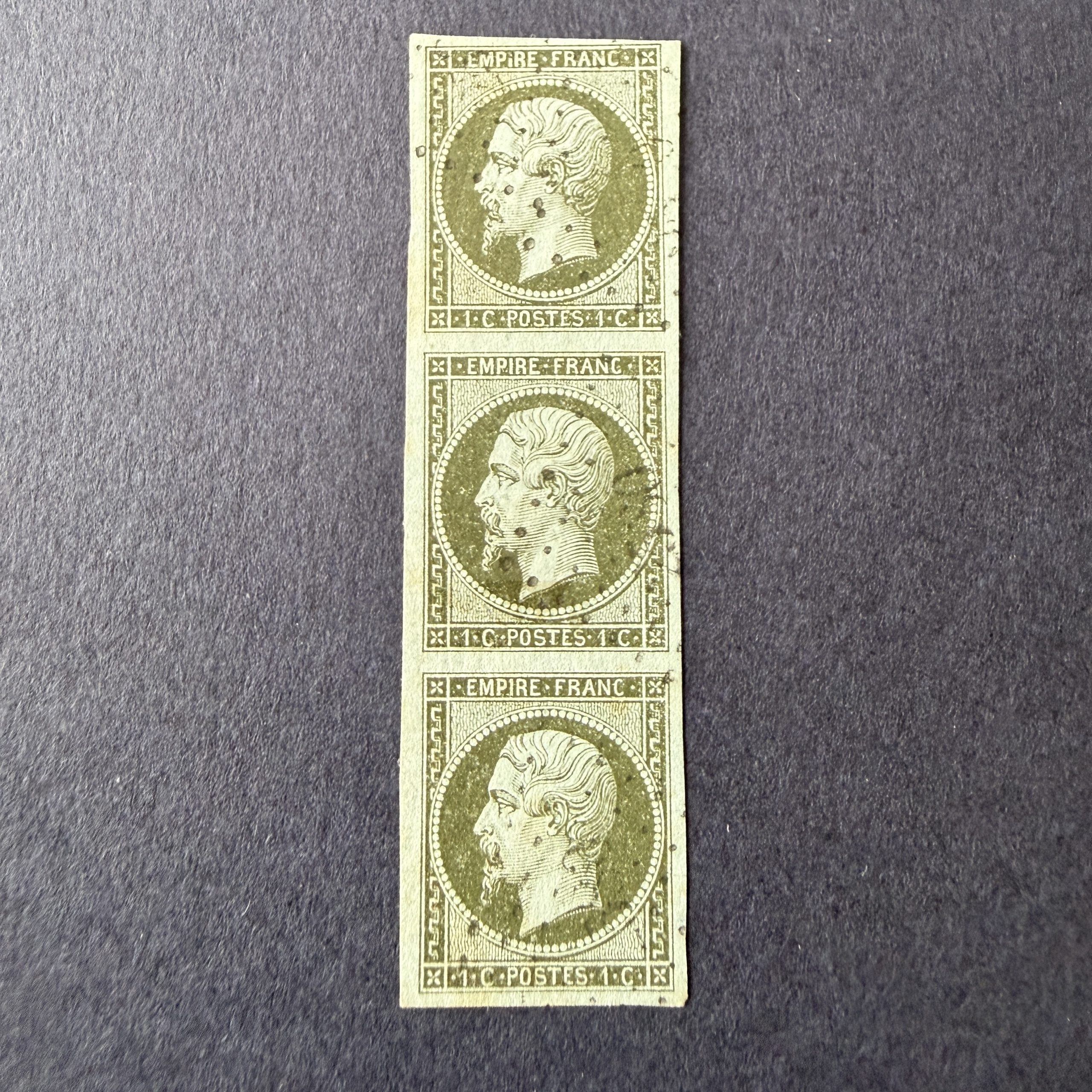Y&T 11, "Napoléon 1c olive" bande de 3 en oblitéré. Signé Baudot. Superbe.