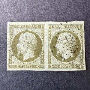 Y&T 11, "Napoléon 1c olive" en paire en oblitéré. Superbe.