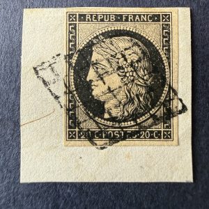 Y&T 3, "Cérès 20c noir sur jaune" en oblitéré sur fragment. Signé Brun. TB.