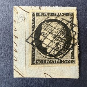 Y&T 3a, "Cérès 20c noir sur blanc" en oblitéré sur fragment. Superbe.