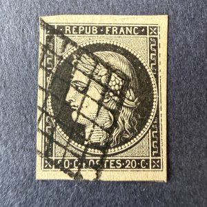 Y&T 3a, "Cérès 20c noir sur blanc" en oblitéré. Variété filet. Signé Macovianu. TB.