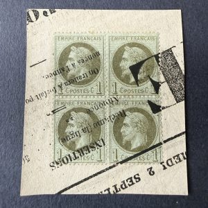 Y&T 25, "Napoléon Lauré 1c" bloc de 4 oblitération typographique sur fragment. Superbe.