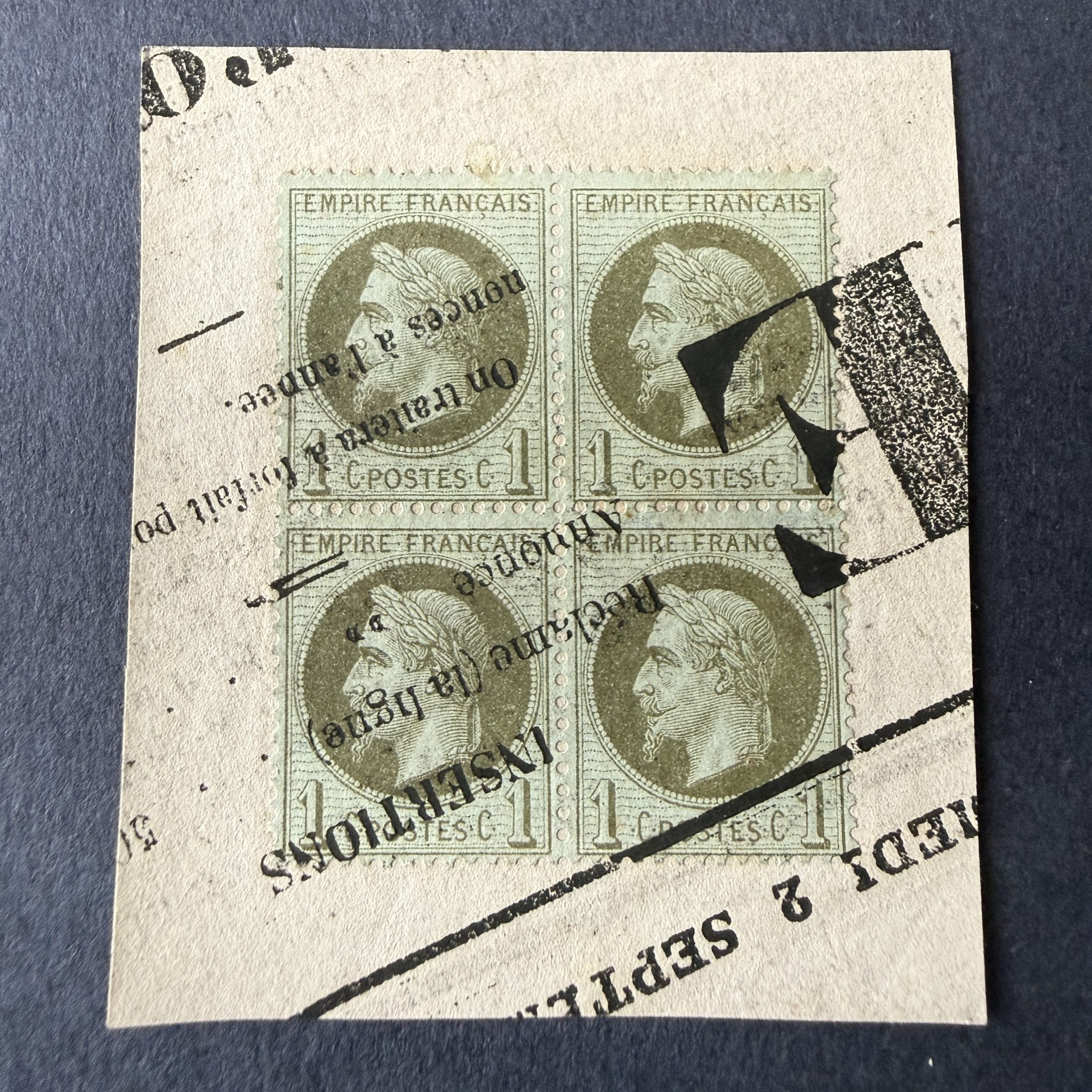 Y&T 25, "Napoléon Lauré 1c" bloc de 4 oblitération typographique sur fragment. Superbe.