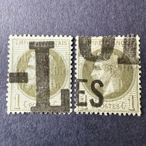 Y&T 25, "Napoléon Lauré 1c" 2 timbres oblitération typographique. TB.