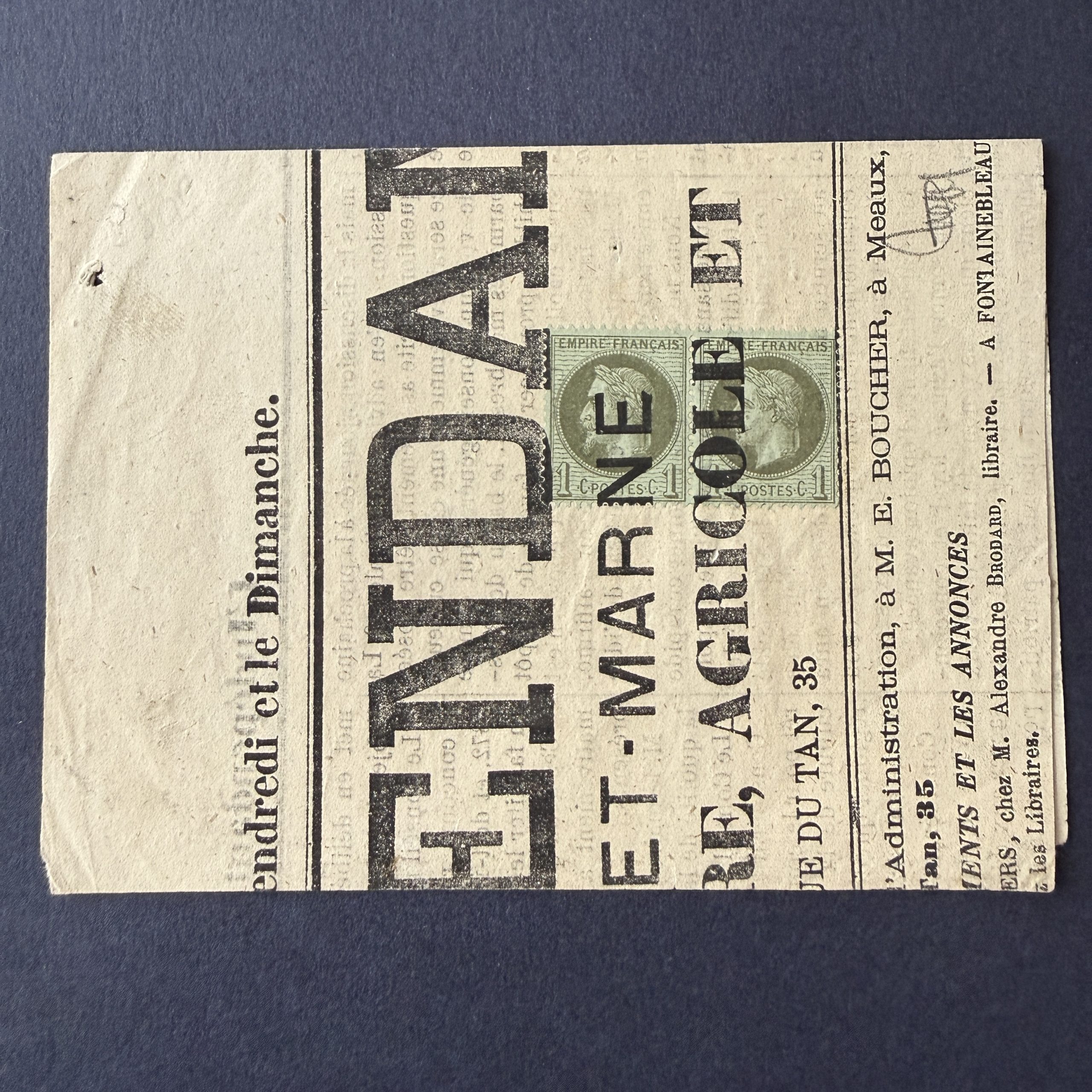 Y&T 25, "Napoléon Lauré 1c" paire oblitérée sur fragment journal. Superbe.