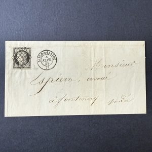 Y&T 3a, "Cérès 20c noir sur blanc" en oblitéré sur lettre Février 1849. Superbe.