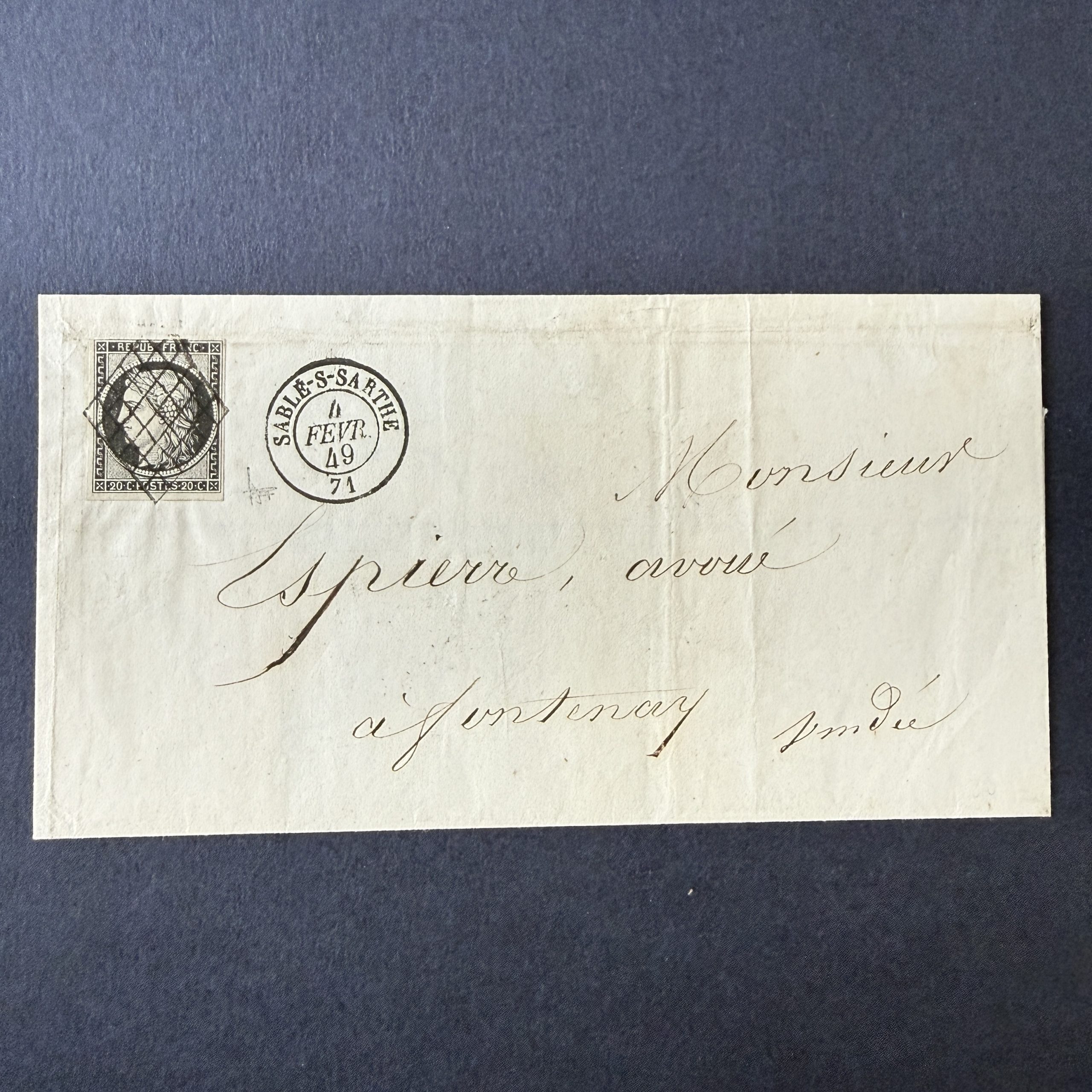 Y&T 3a, "Cérès 20c noir sur blanc" en oblitéré sur lettre Février 1849. Superbe.