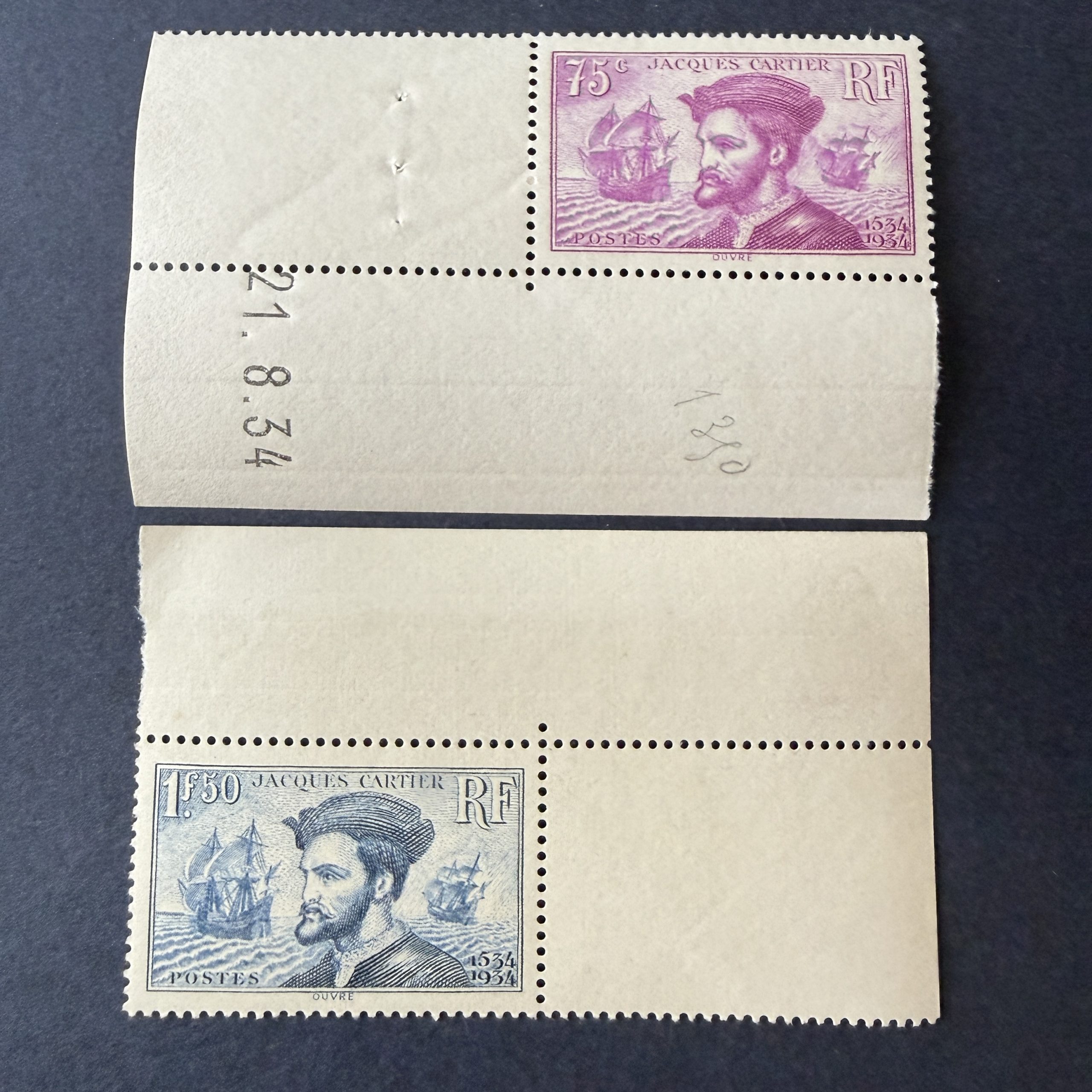 Yvert 296/297, "Jacques Cartier" coins de feuille en neufs ** sans charnière. Superbe.