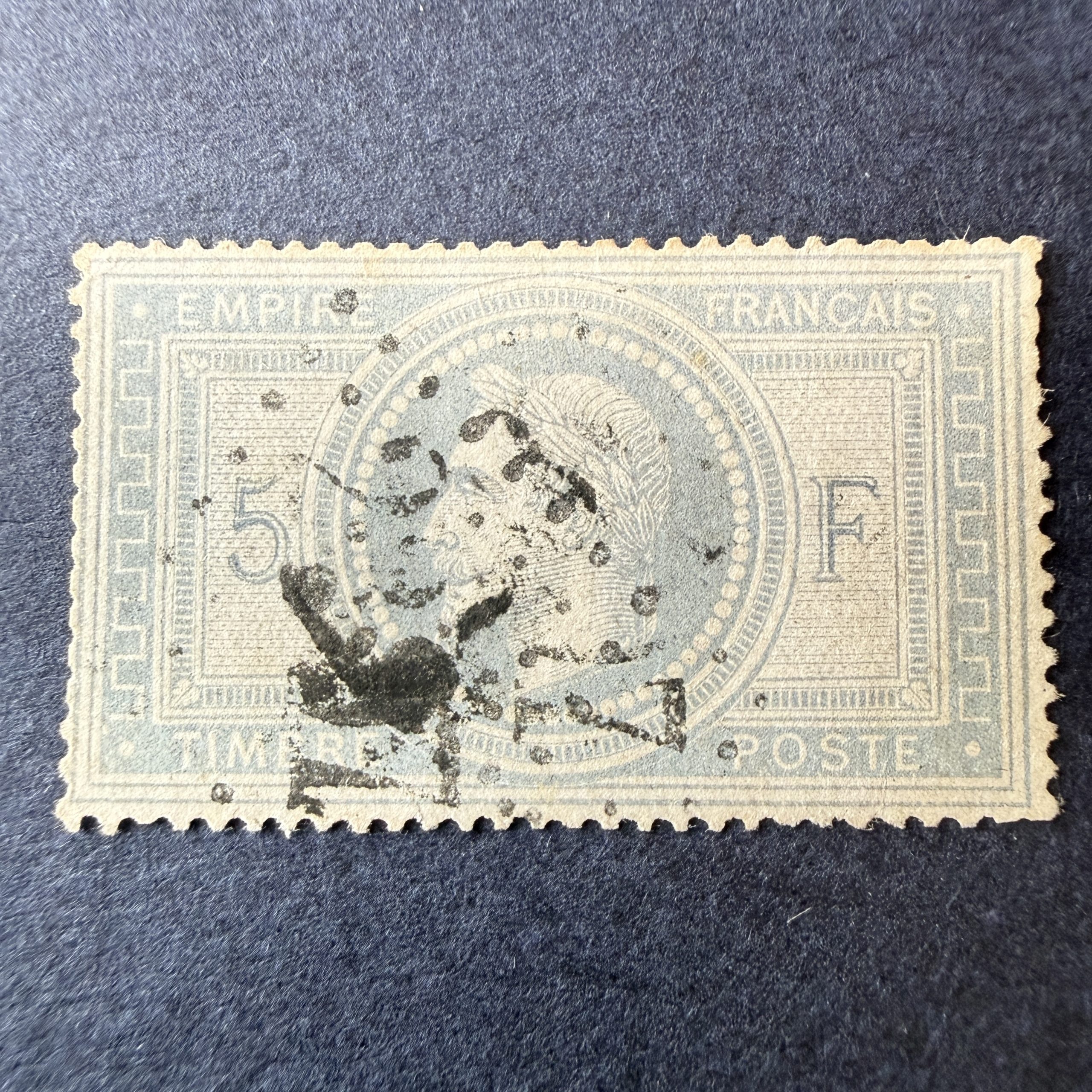 Yvert 33A, "Napoléon 5fr" 5 et F en bleu en oblitéré. Signé Brun et Scheller.