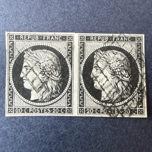 Yvert 3a, "Cérès 20c noir sur blanc" paire en oblitéré. TB.