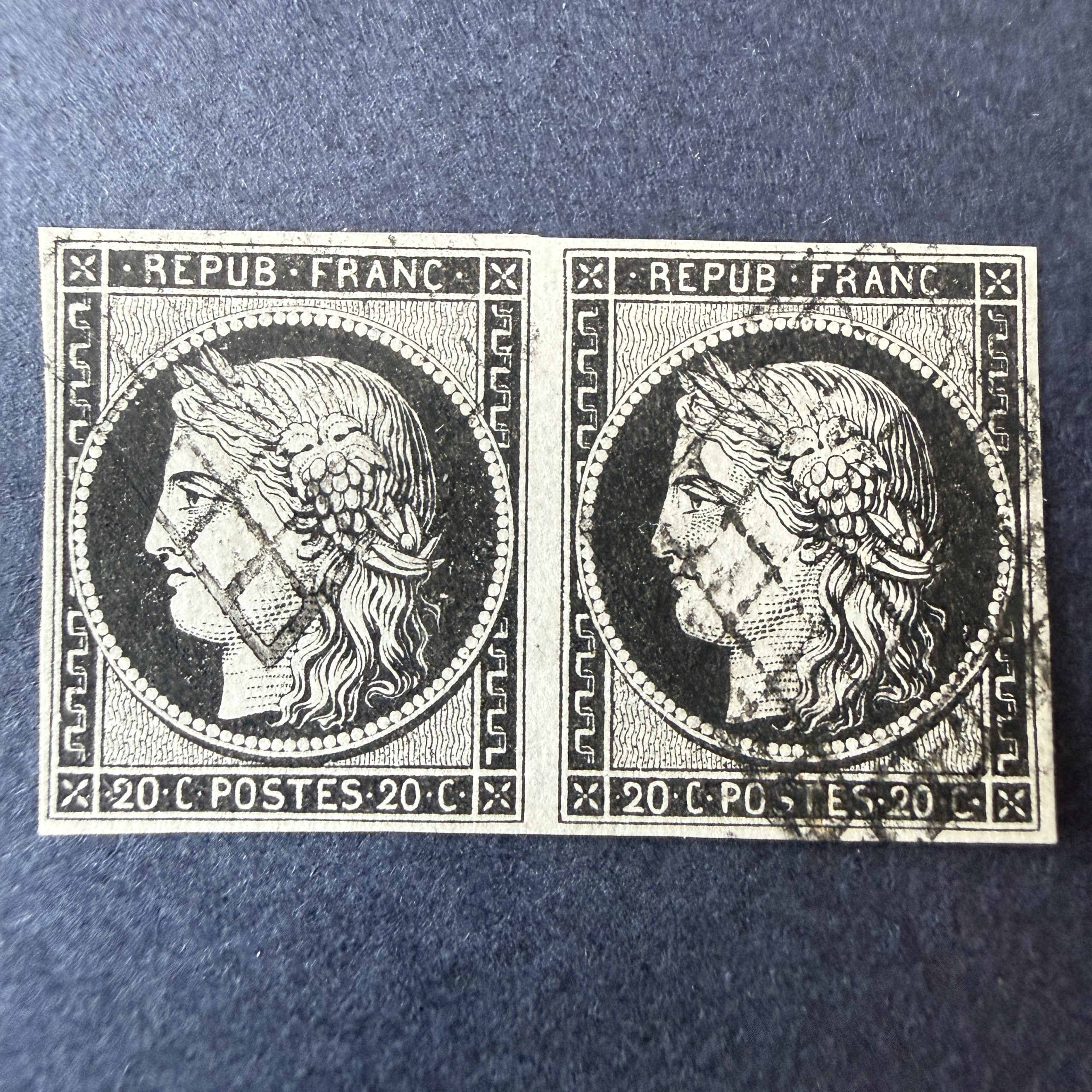 Yvert 3a, "Cérès 20c noir sur blanc" paire en oblitéré. TB.