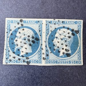 Yvert 10, "Napoléon Présidence 25c" paire en oblitéré. Signé Calves. TB.
