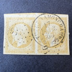 Yvert 13Al, "Napoléon 10c jaune citron def" paire en oblitéré. Superbe.