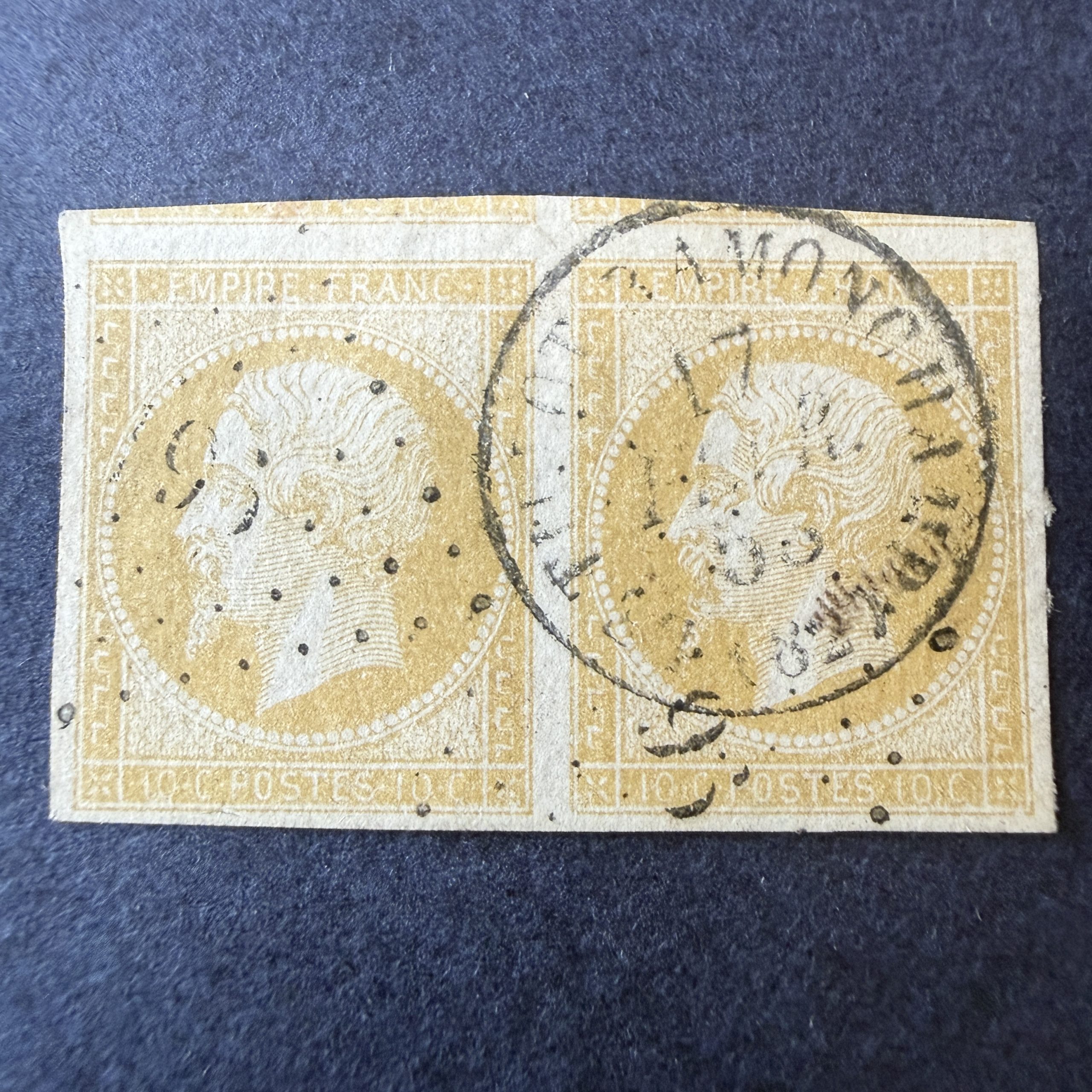 Yvert 13Al, "Napoléon 10c jaune citron def" paire en oblitéré. Superbe.