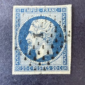 Yvert 14Ad "Napoléon 20c bleu sur vert" en oblitéré. Signé Roumet. TB.