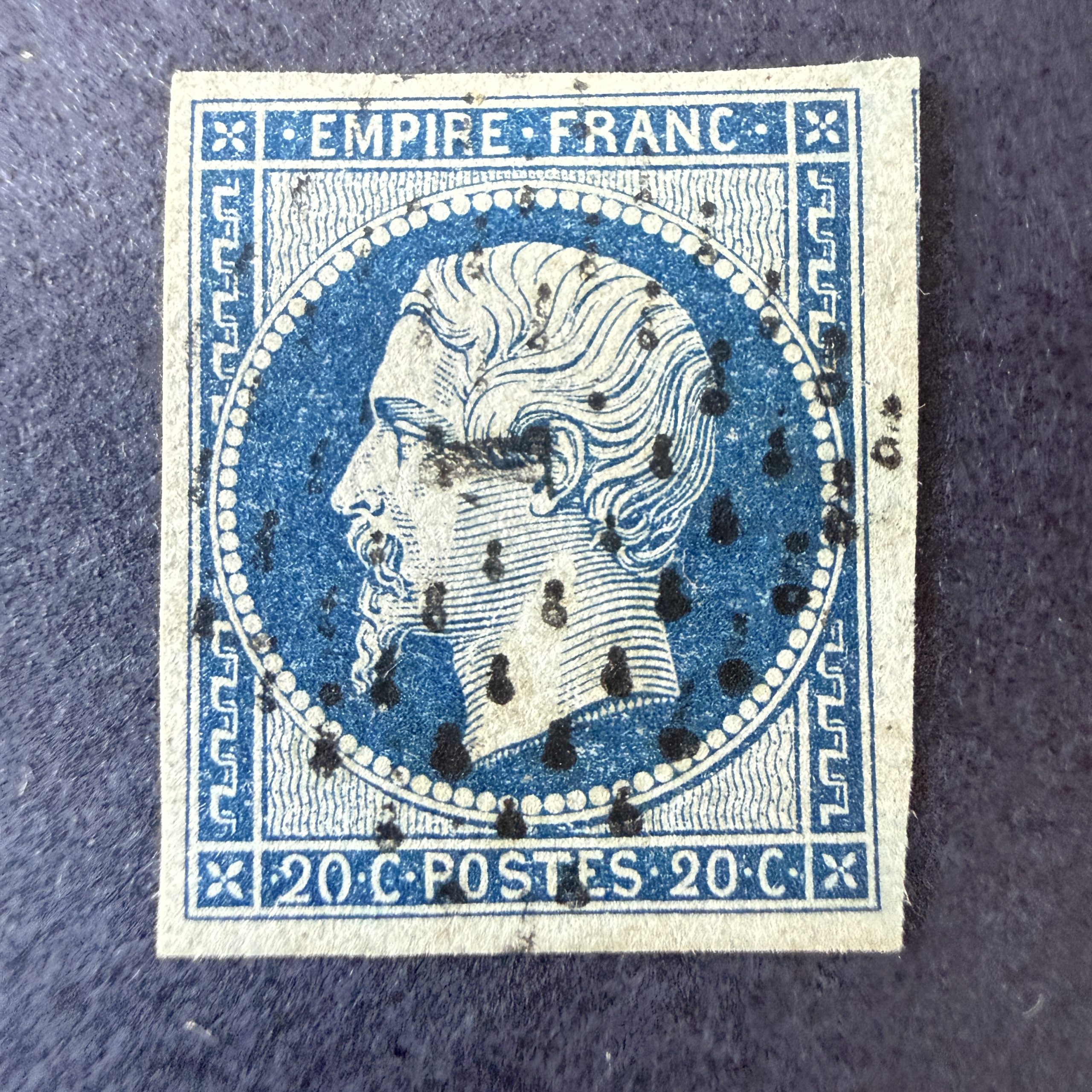 Yvert 14Ad "Napoléon 20c bleu sur vert" en oblitéré. Signé Roumet. TB.