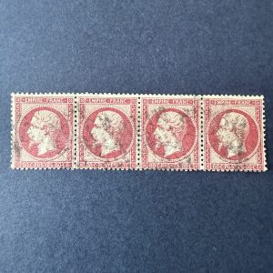 Yvert 24 "Napoléon 80c rose" bande de 4 en oblitéré. TB.