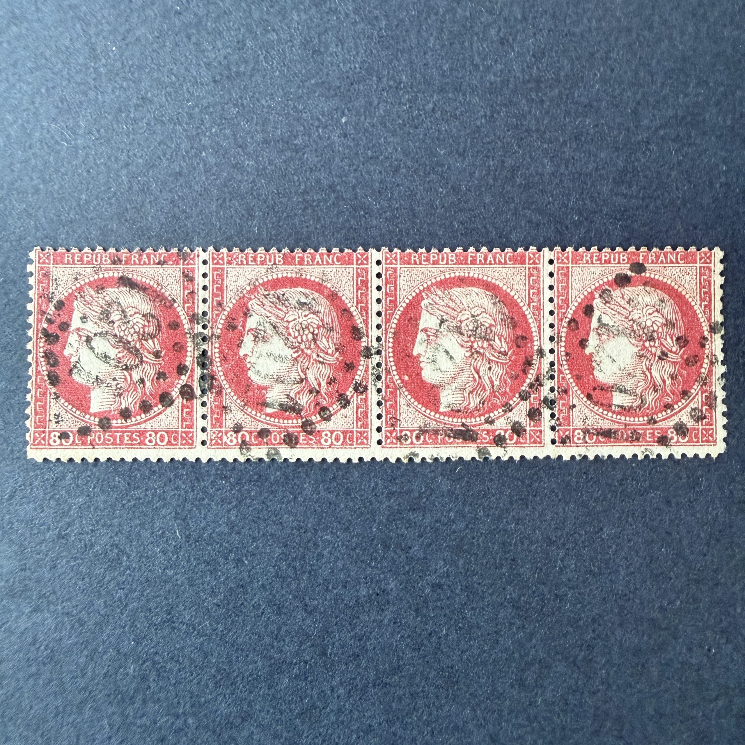 Yvert 57 "Cérès 80c rose" bande de 4 en oblitéré. TB.