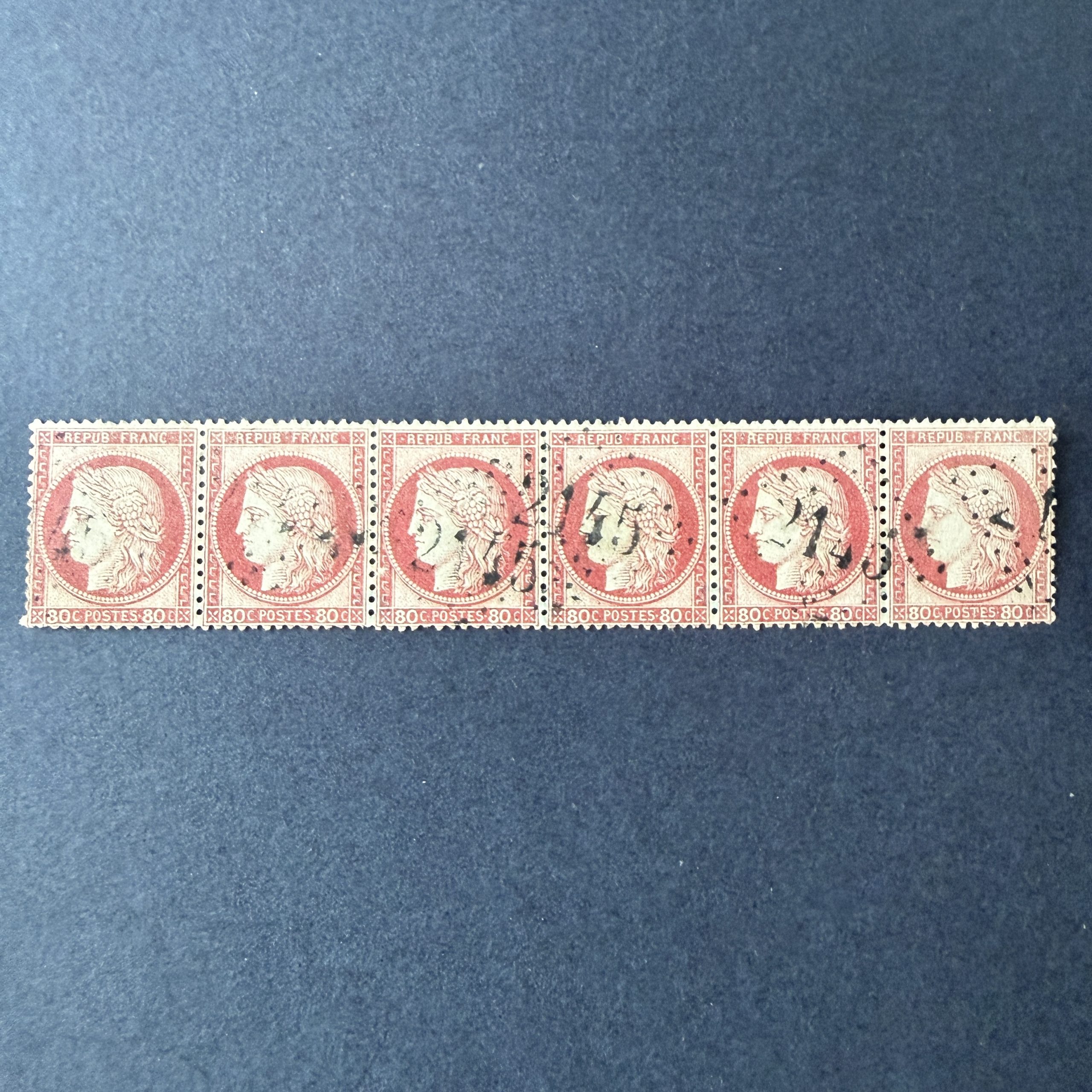 Yvert 57 "Cérès 80c rose" bande de 6 en oblitéré. Signé Roumet. Superbe.