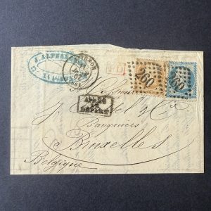 Yvert 21 et 22 "Napoléon" sur lettre pour la Belgique (variété format timbres). TB.