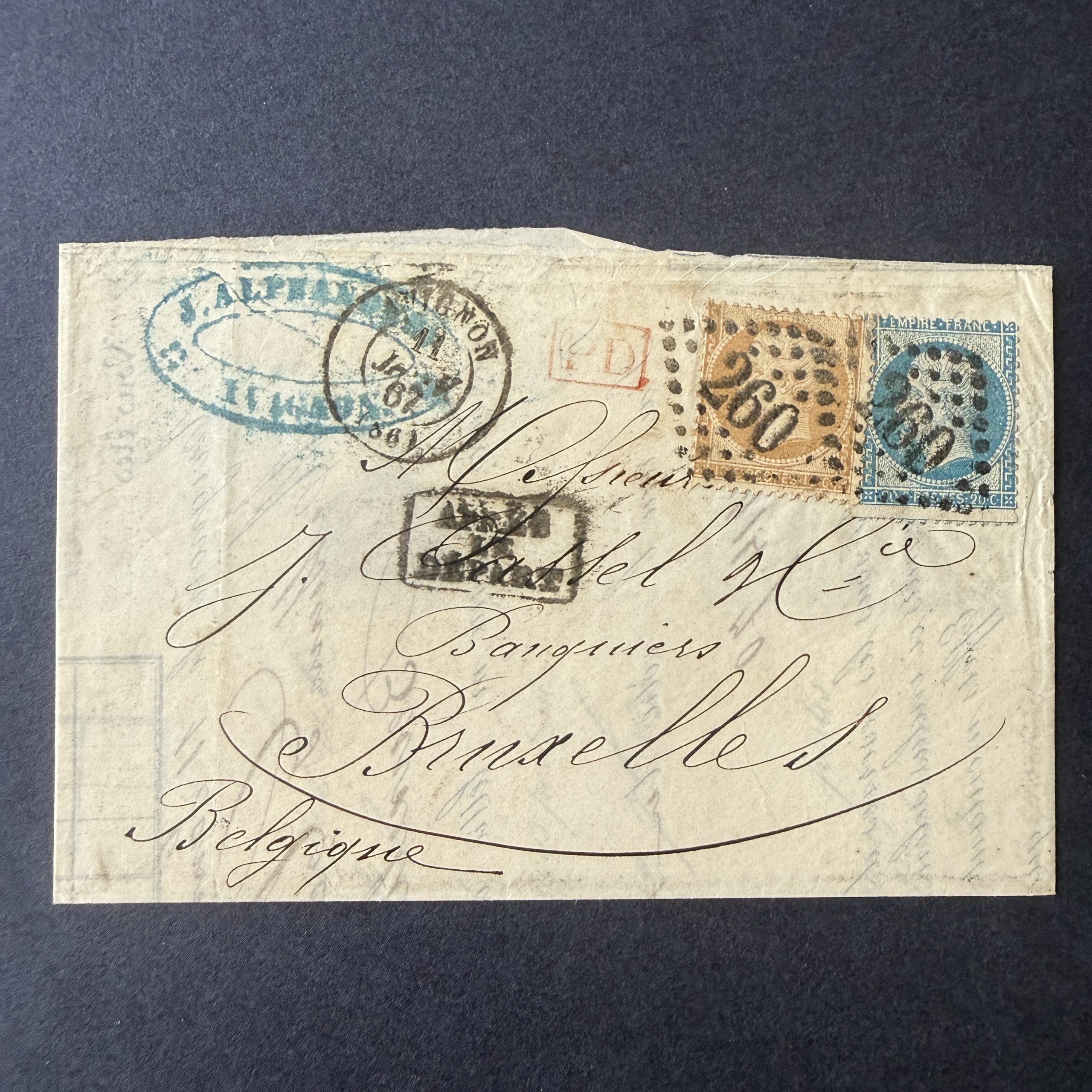 Yvert 21 et 22 "Napoléon" sur lettre pour la Belgique (variété format timbres). TB.