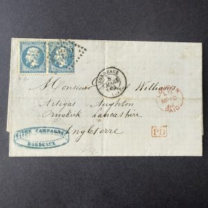 Yvert 22 "Napoléon" en paire sur lettre pour l'Angleterre. TB.