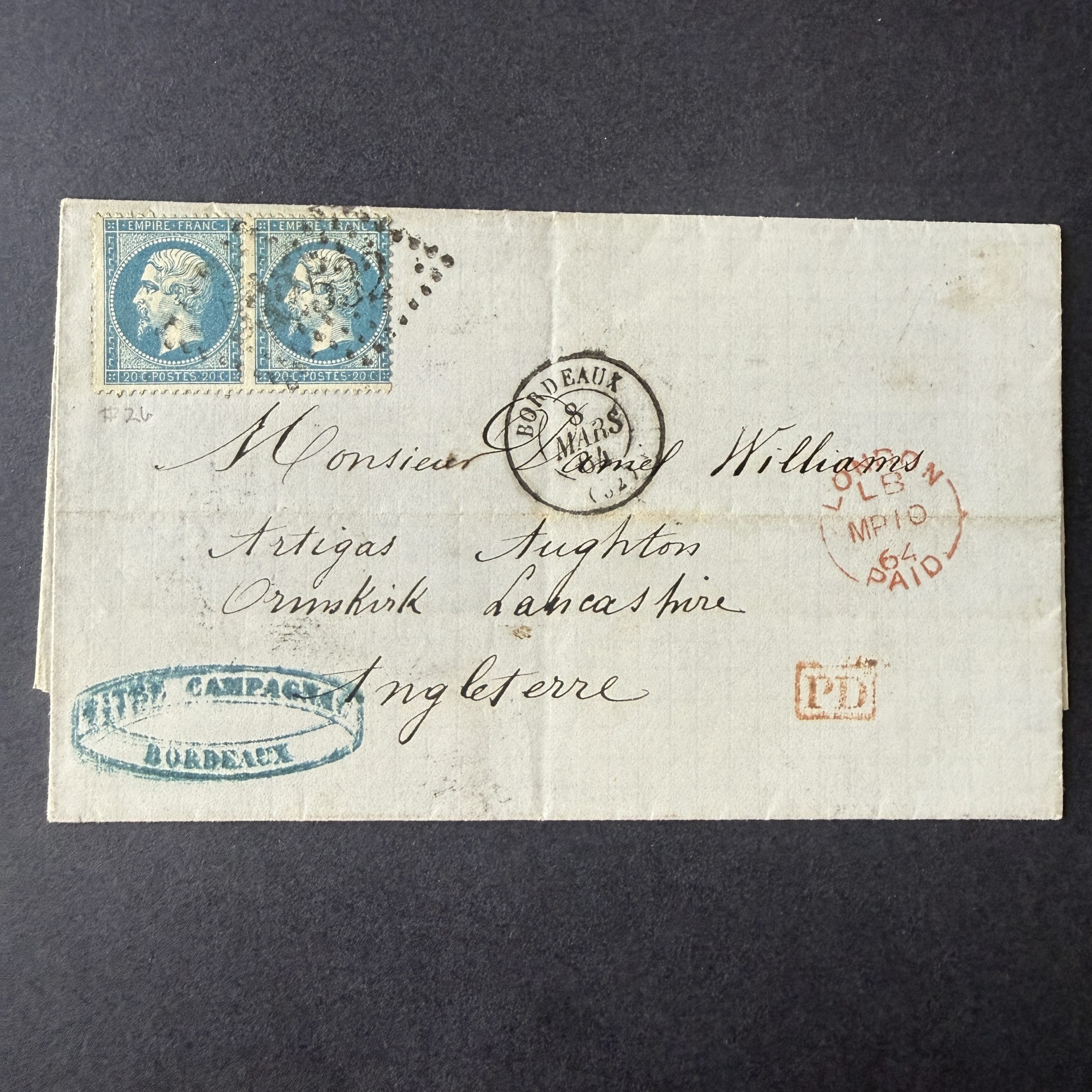 Yvert 22 "Napoléon" en paire sur lettre pour l'Angleterre. TB.