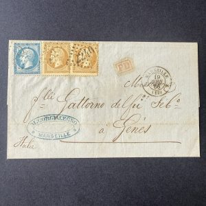 Yvert 21 (paire) et 22 "Napoléon" oblitéré sur lettre pour l'Italie. TB.