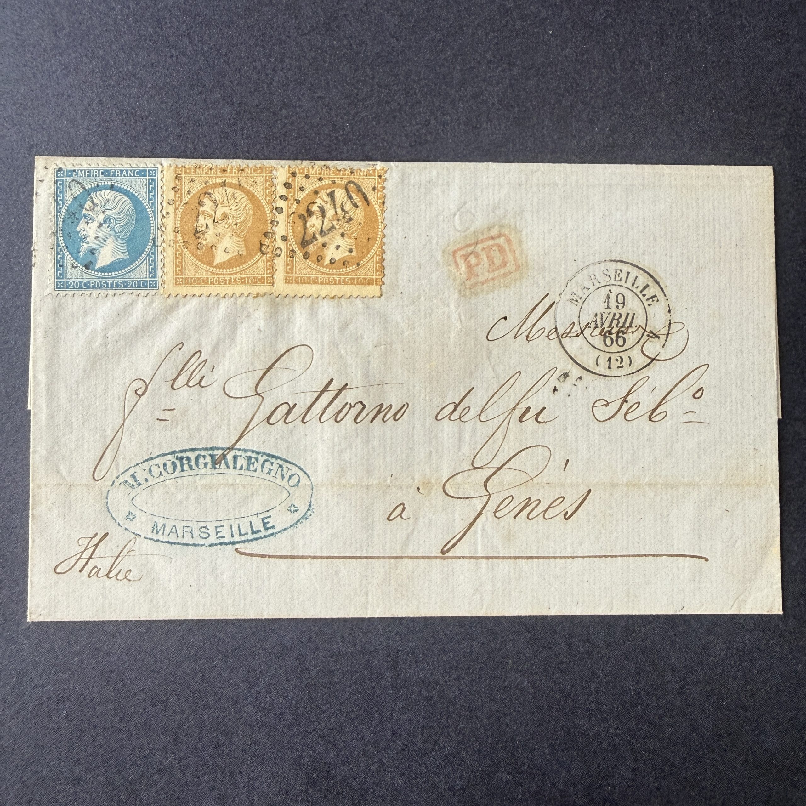 Yvert 21 (paire) et 22 "Napoléon" oblitéré sur lettre pour l'Italie. TB.