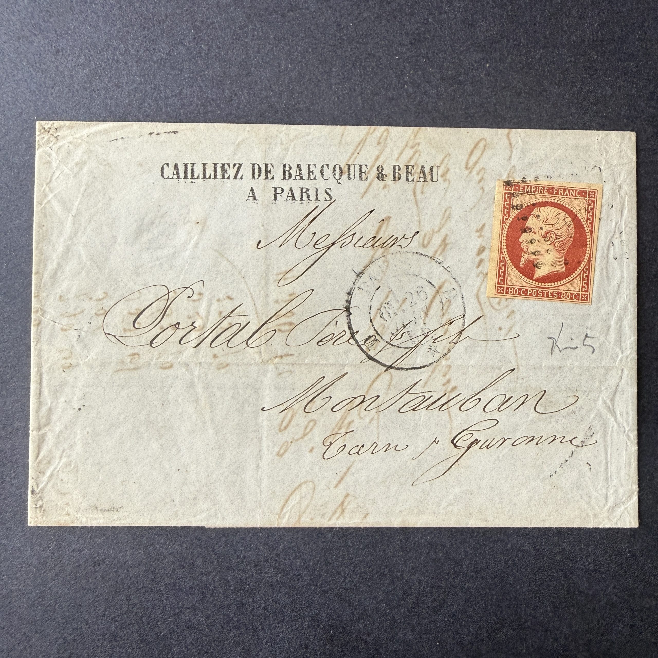 Yvert 17A "Napoléon 80c carmin" oblitéré sur lettre. TB.