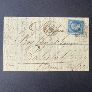 Yvert 14Ae "Napoléon 20c bleu sur lilas" oblitéré sur lettre. Superbe.