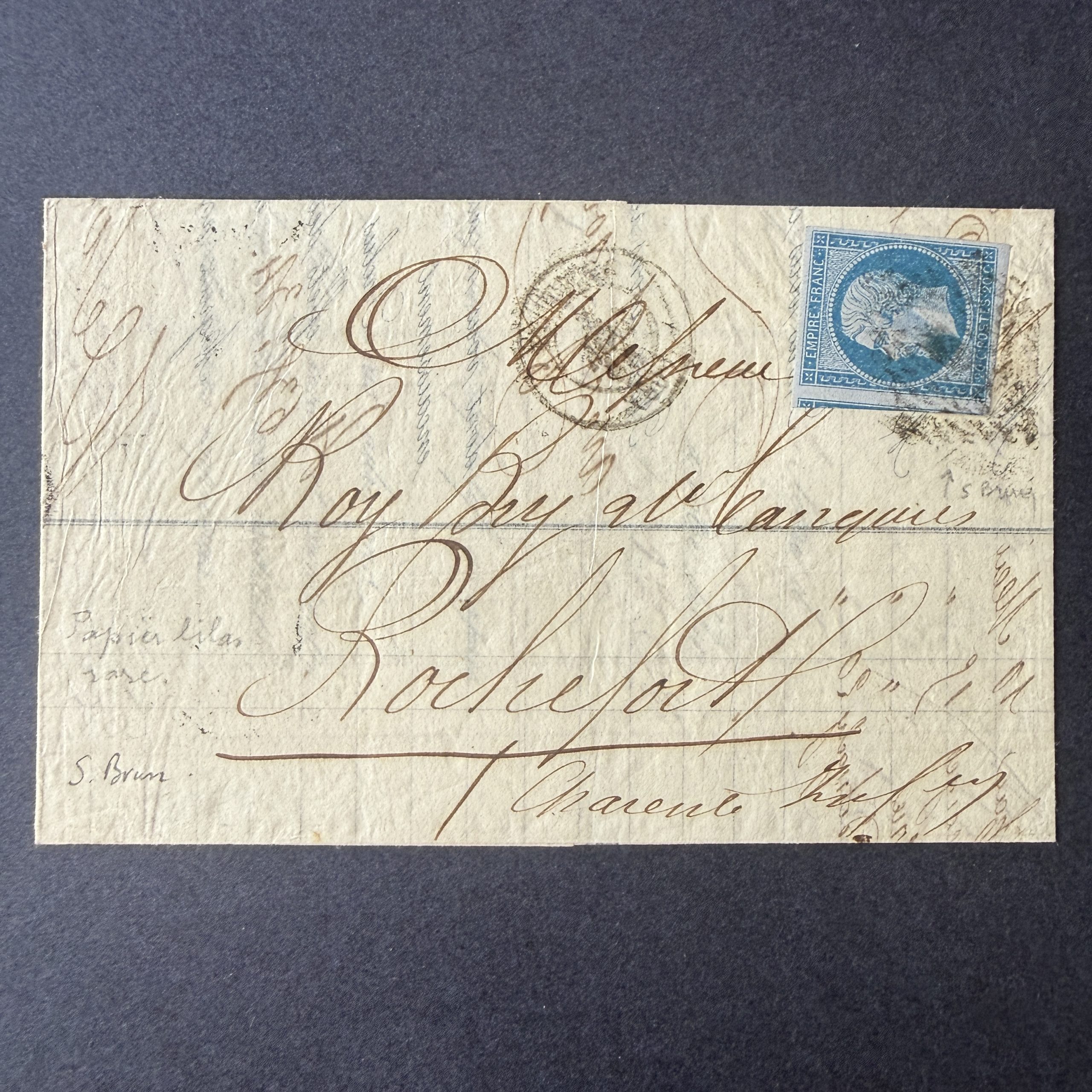 Yvert 14Ae "Napoléon 20c bleu sur lilas" oblitéré sur lettre. Superbe.