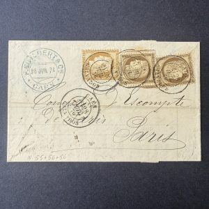 Yvert 55, 56 (paire) "Cérès dentelés" oblitérés sur lettre. TB.