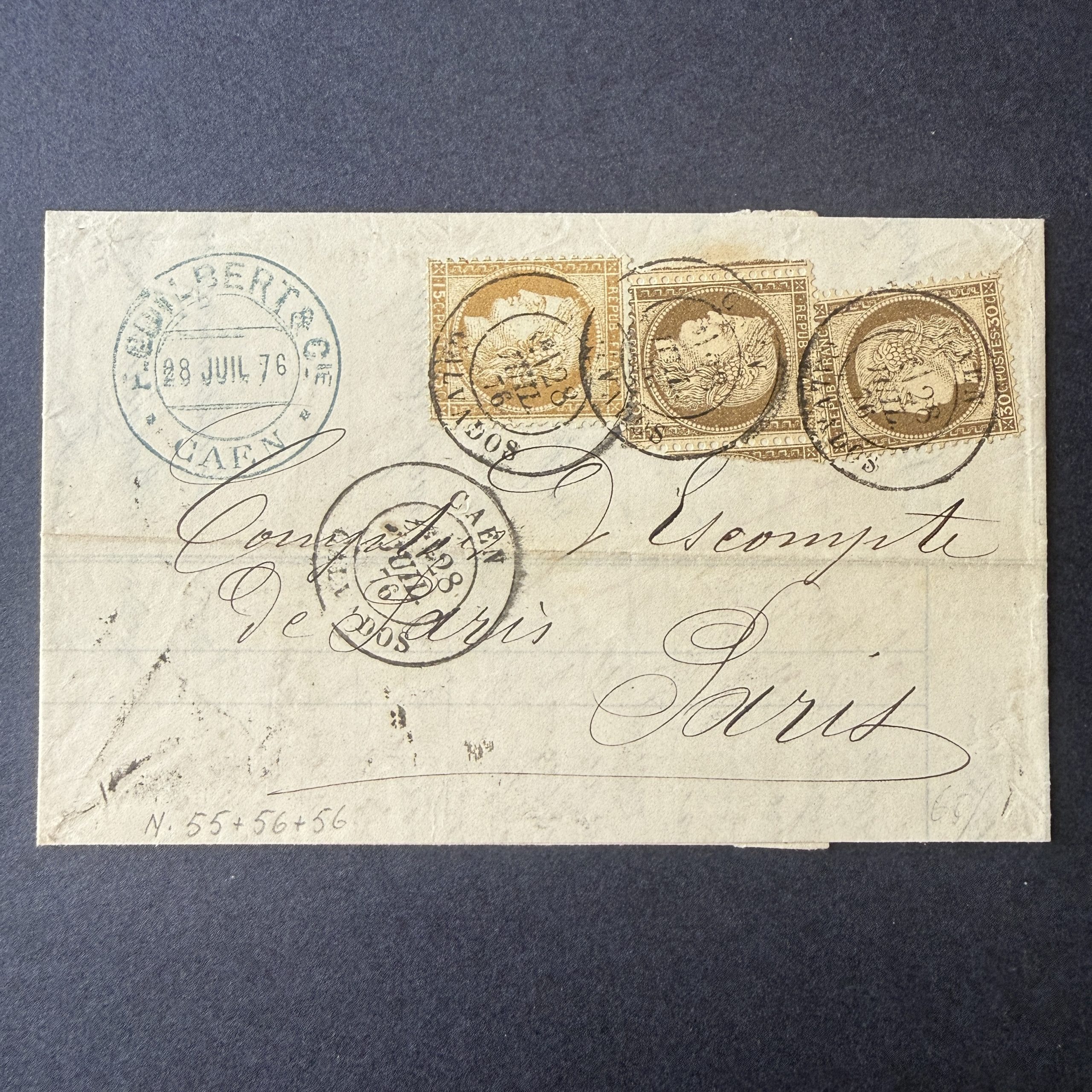 Yvert 55, 56 (paire) "Cérès dentelés" oblitérés sur lettre. TB.