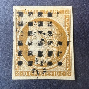 Yvert 1, "Cérès 10c bistre" en oblitéré gros points. Signé Brun. TB.