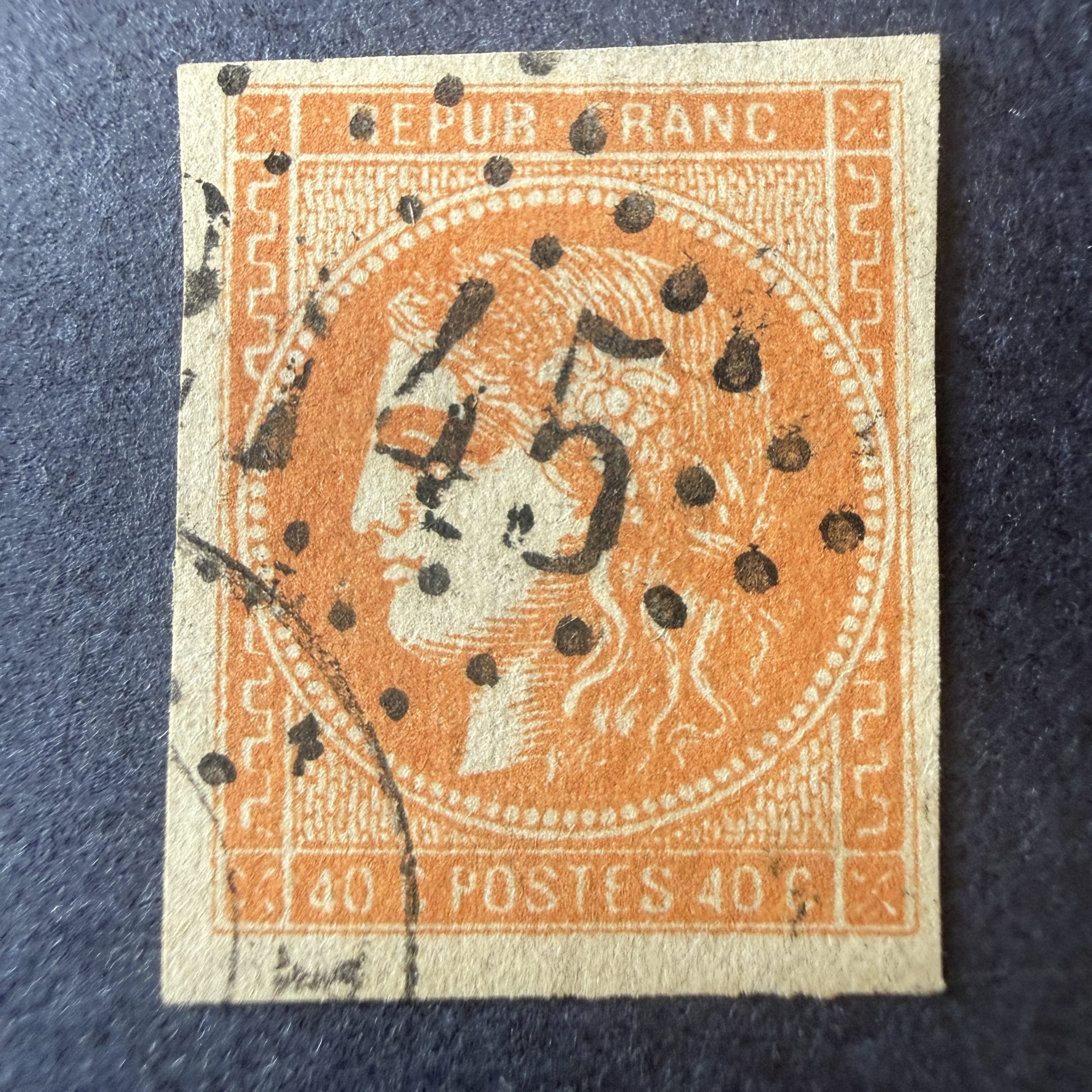 Yvert 48, "Bordeaux 40c orange" en oblitéré. Superbe.